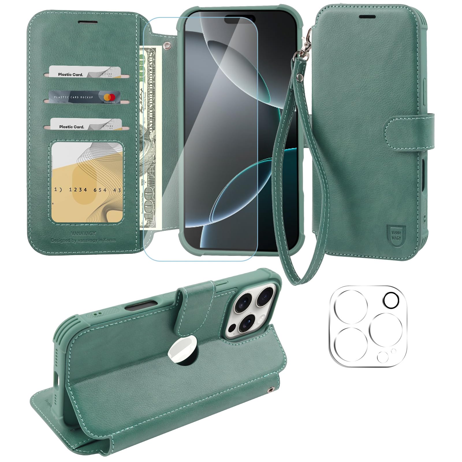 VANAVAGY Compatible for iPhone 16 Pro Wallet Case, 12ft Drop Protection, RFID Blocking PU Leather Flip Cover, Card Holder & Kickstand, Shockproof Phone Case for 16 Pro-6.3 Inch,Forest Green