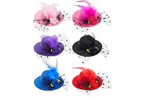 Juvale Mini Tea Party Hats - Clip-On Fascinator Hats for Women & Girls - Feather & Flower Accents for Tea Party Decorations - Pack of 6, 4 in, Multicolor
