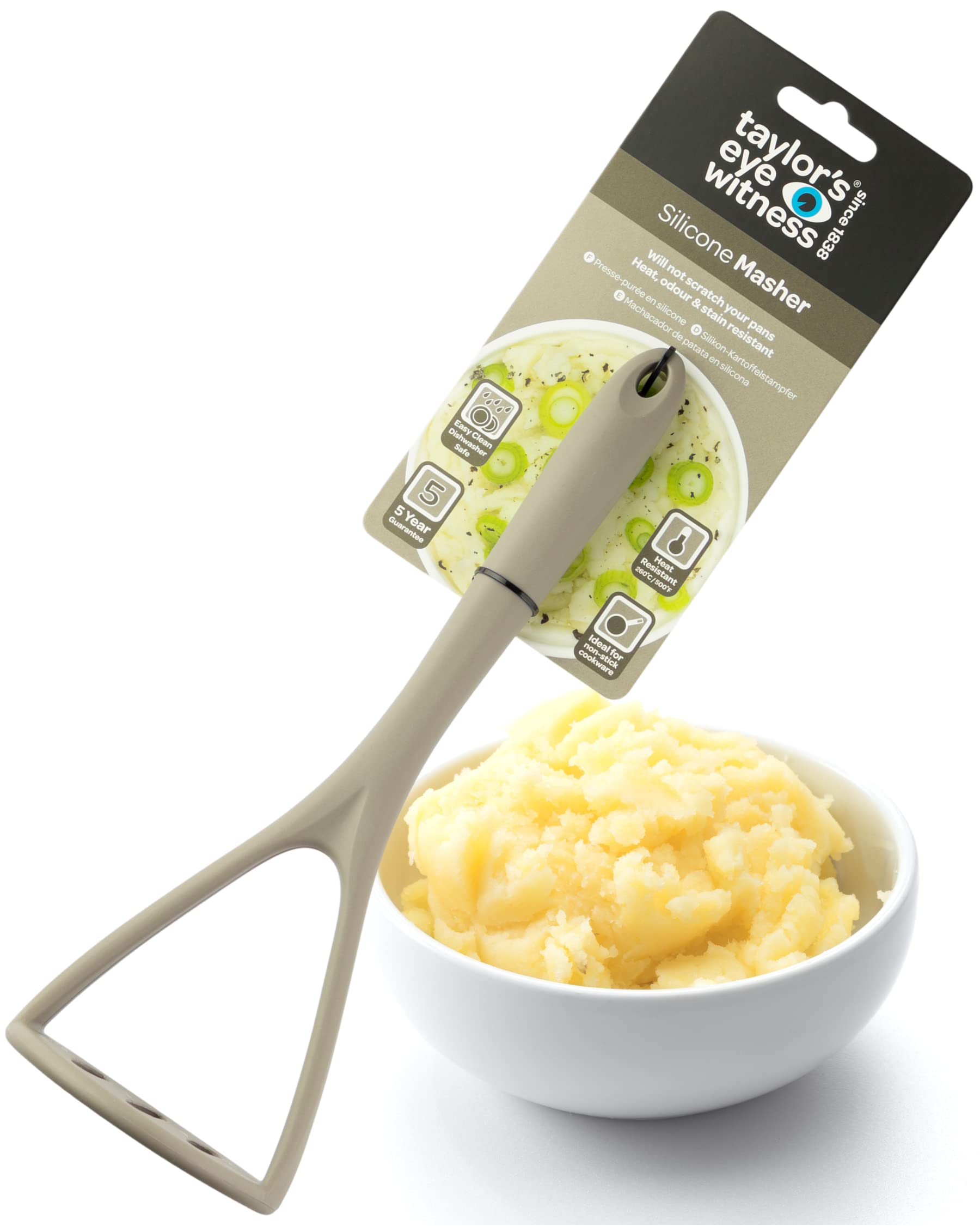 Taylors Eye Witness Large Silicone Grey Masher - Dishwasher Safe. Perfect for Non-Stick Pans and for Scraping Bowls. Odour, Stain & Heat Resistant (260°C/500°F). 5 Year Guarantee.