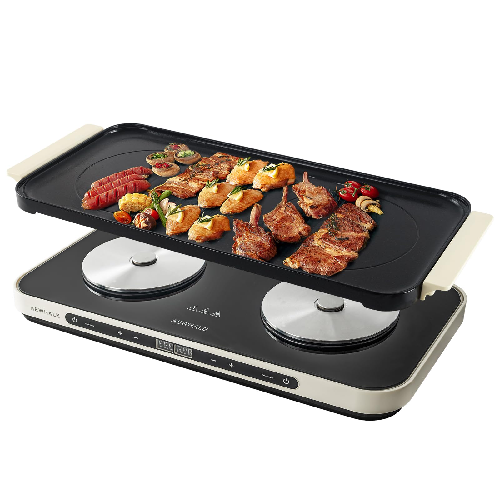 AEWHALE Electric Glass Cooktop 2 Burners with Removable Griddle Pan Non