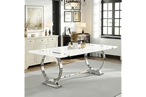 White and Silver Rectangular Dining Table for 6-8, 80 Inch Modern Luxury Kitchen Table with Mirrored Chrome U-Shaped Metal Ba