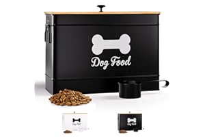 HB DESIGN CO. Dog Food Container Airtight 15 lb (50 Cup) Capacity with Metal Scoop - Cute Airtight Dog Food Storage Container with Bamboo Lid - Black Metal Kibble Storage Bin for Dogs up to 100 lbs - Big Pet Jar