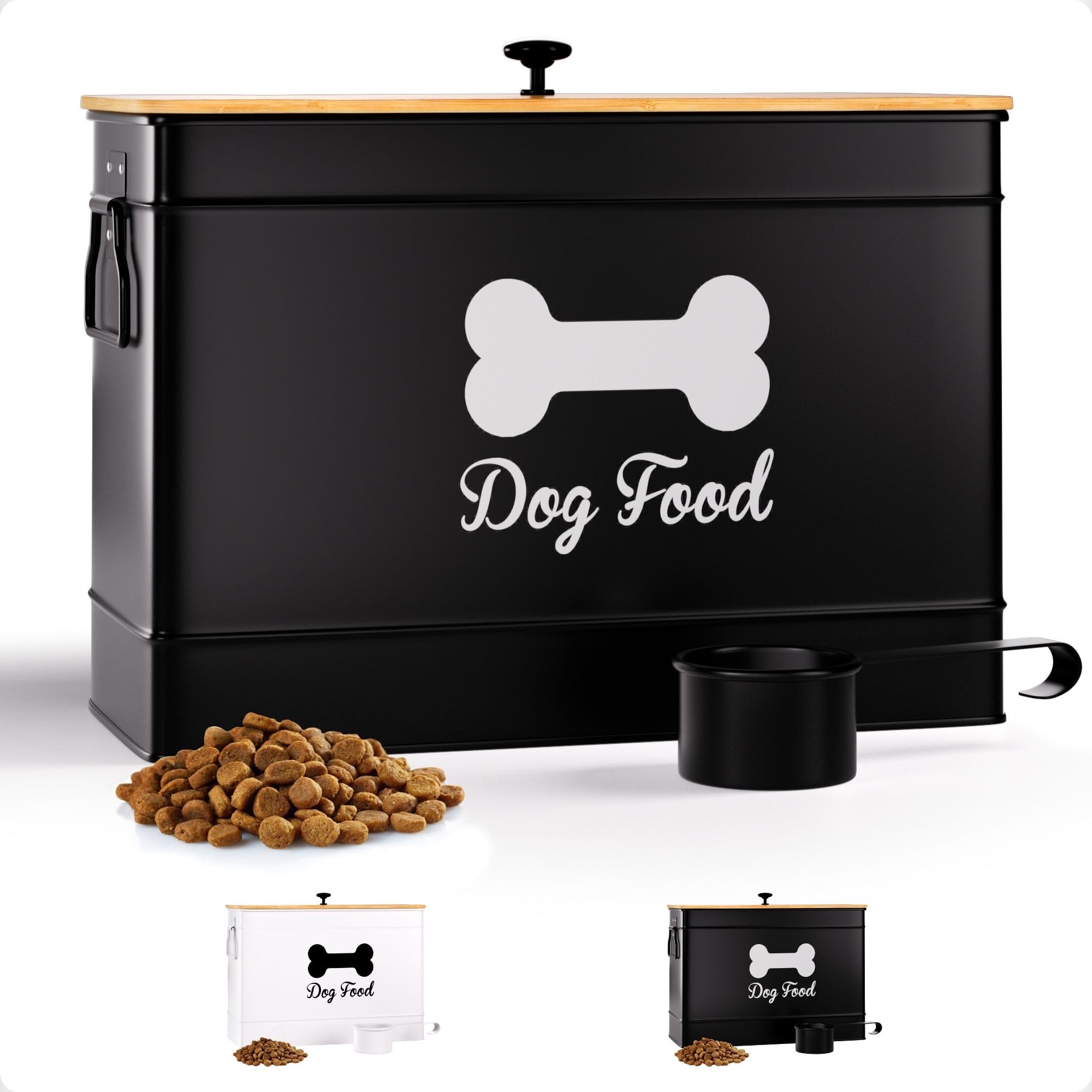 Photo 1 of Dog Food Container Airtight 15 lb (50 Cup) Capacity with Metal Scoop - Cute Airtight Dog Food Storage Container with Bamboo Lid - Black Metal Kibble Storage Bin for Dogs up to 100 lbs - Big Pet Jar