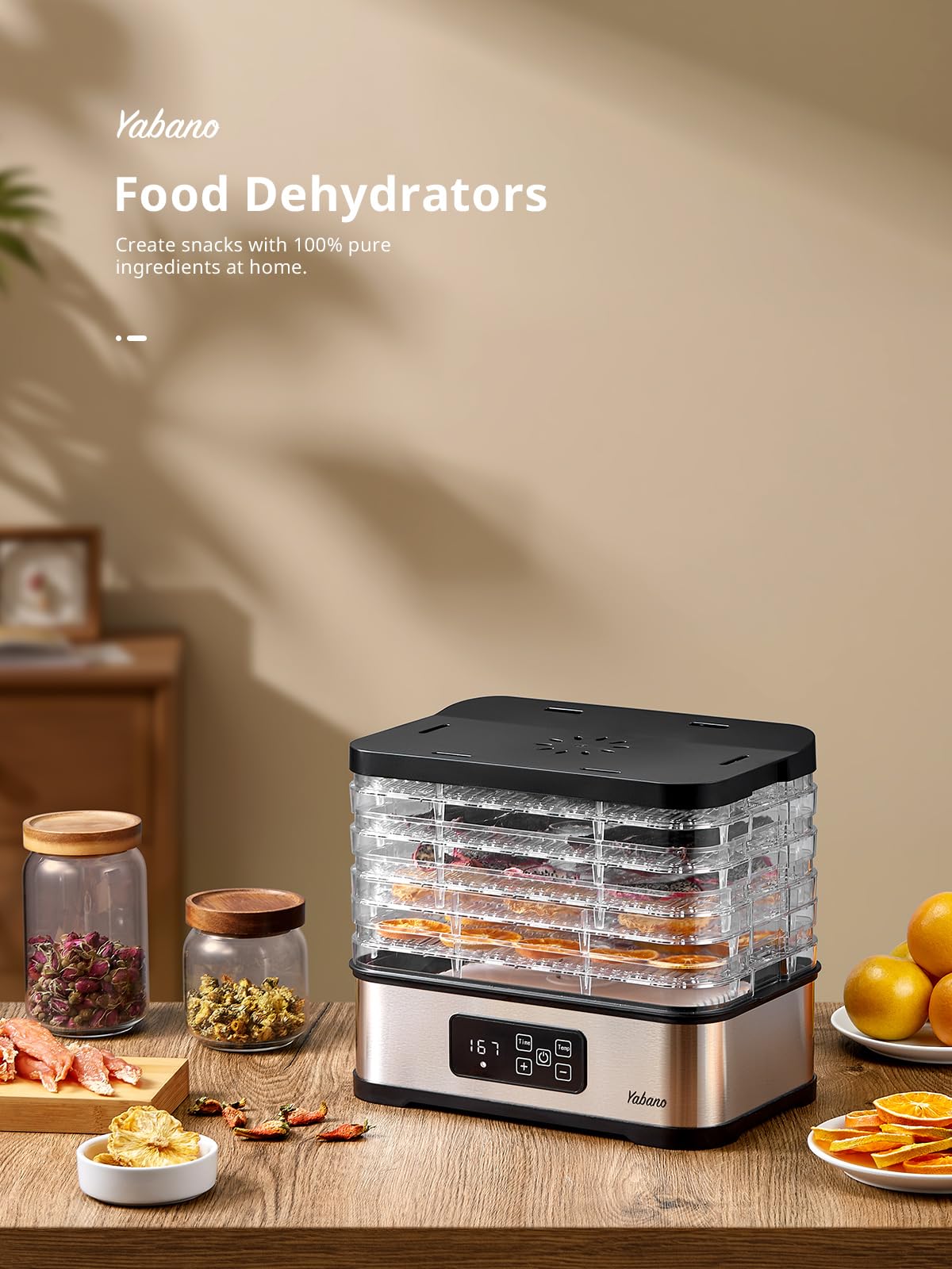Yabano Food Dehydrator Machine for Home Use, 250W Electric Dryer with Adjustable Timer & Temperature Control, 5 Trays - Digital Presets for Fruit, Meat, Herbs, Jerky
