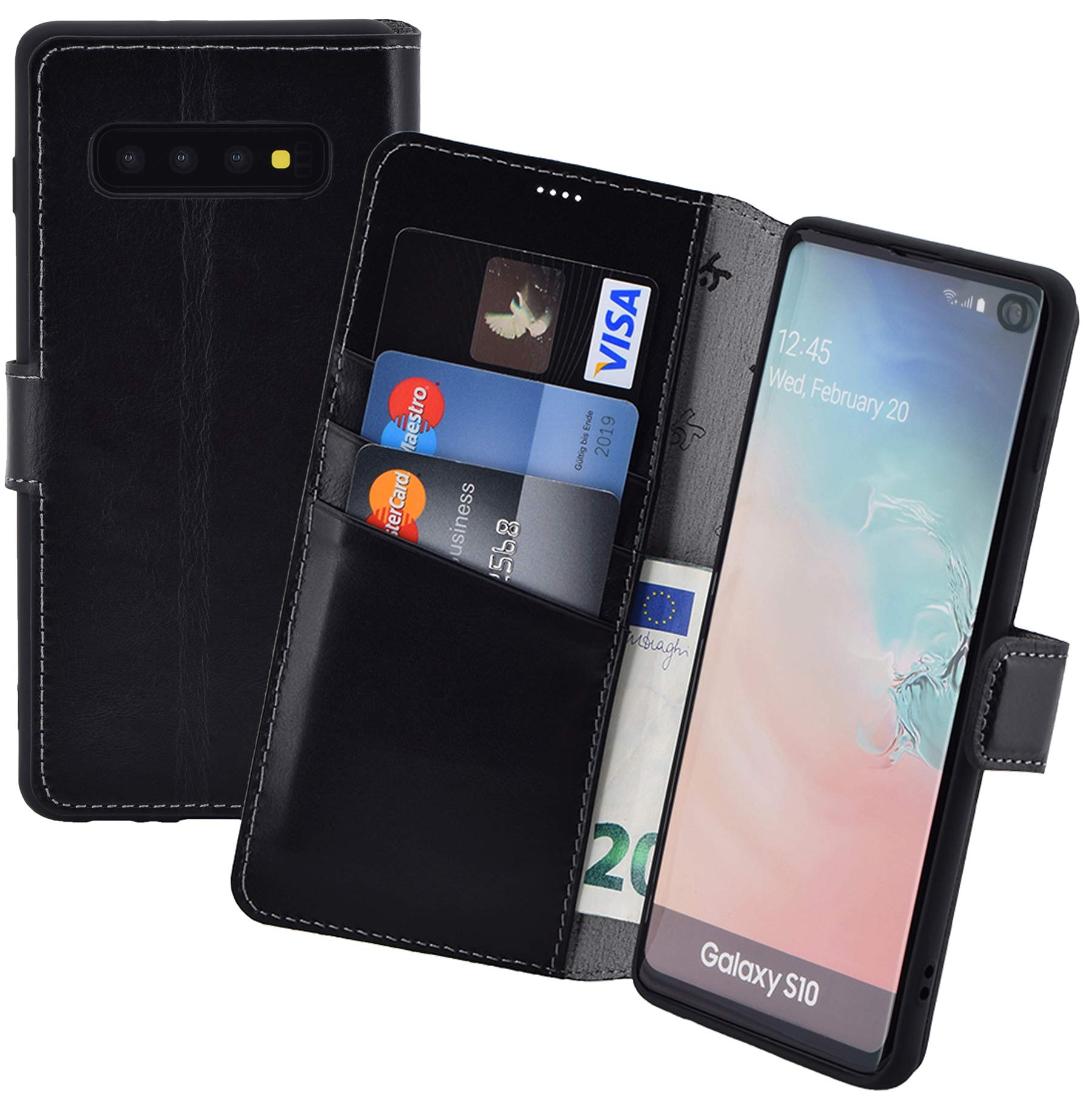 Suncase Book-style compatible with Samsung Galaxy S10 case (slim fit) leather case, mobile phone case, protective case (stand function and card slot, break-proof inner shell) in black