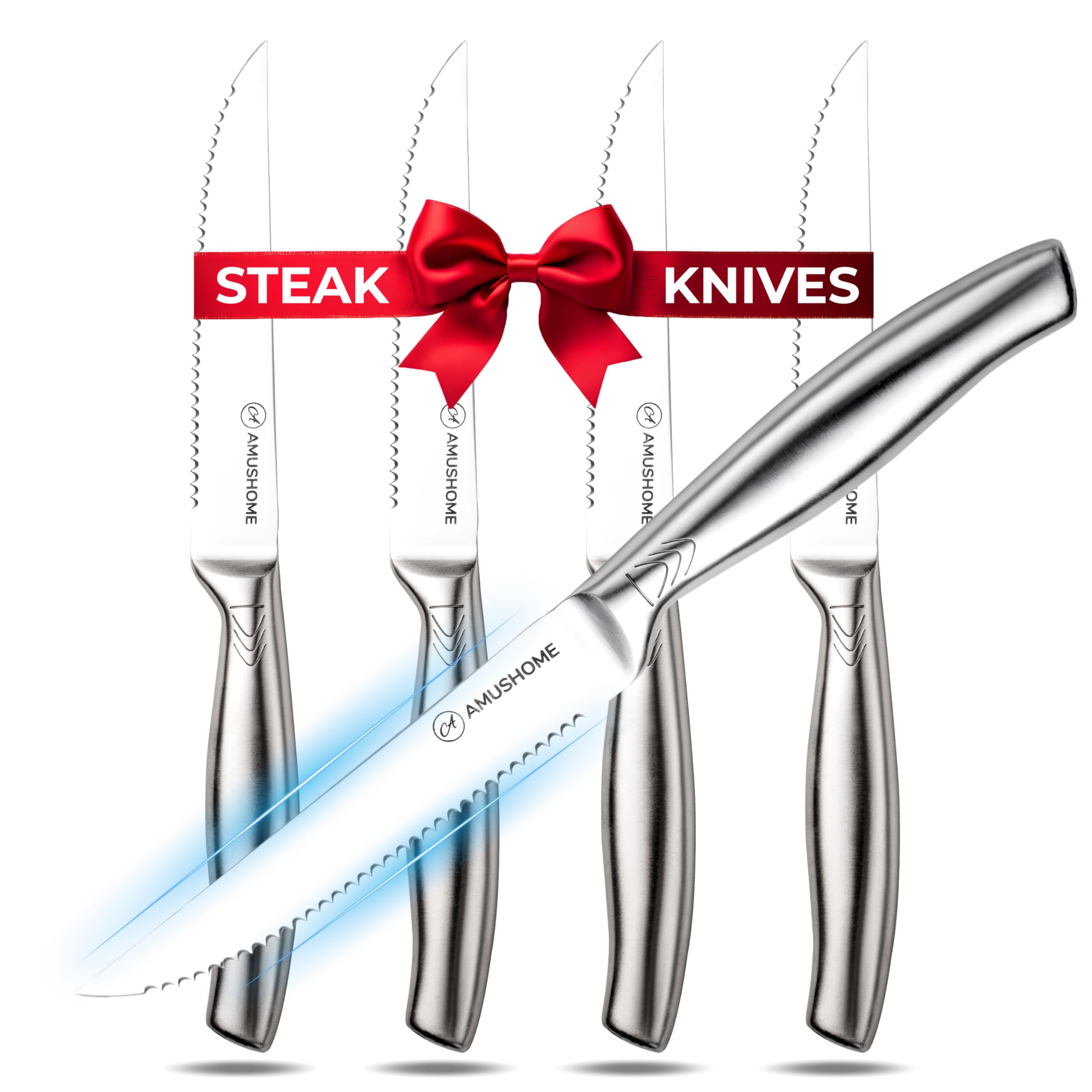 AMUSHOME Steak Knives Set of 4, Rust Free Stainless Steel Steak Knife Set with Sharp Serrated Edges & Ergonomic Non Slip Handle, Scratch Resistant Dinner Knives