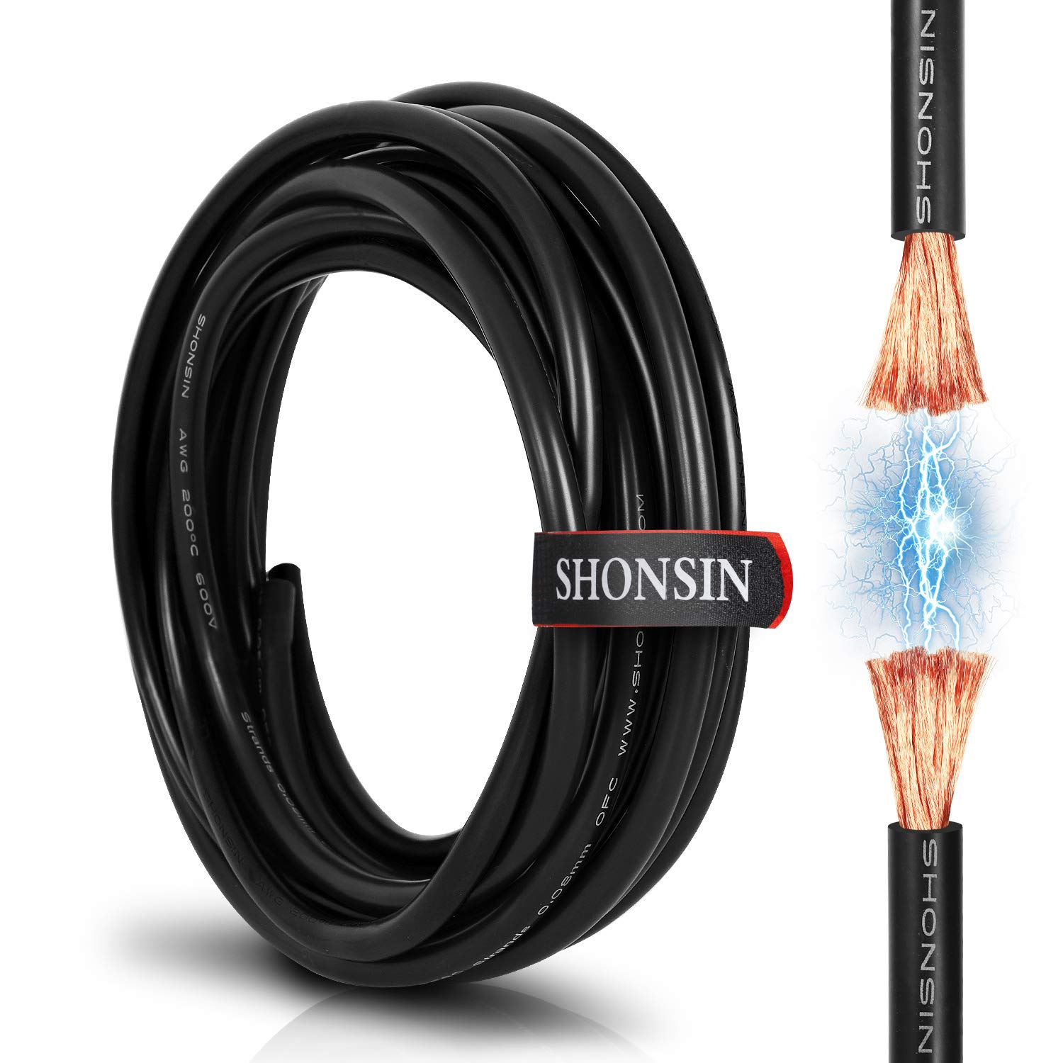 Shonsin 6 Gauge 6 AWG Silicone Wire (20ft / 6.1m Black) Ultra Flexible 6AWG Wire 100% Pure Copper Co