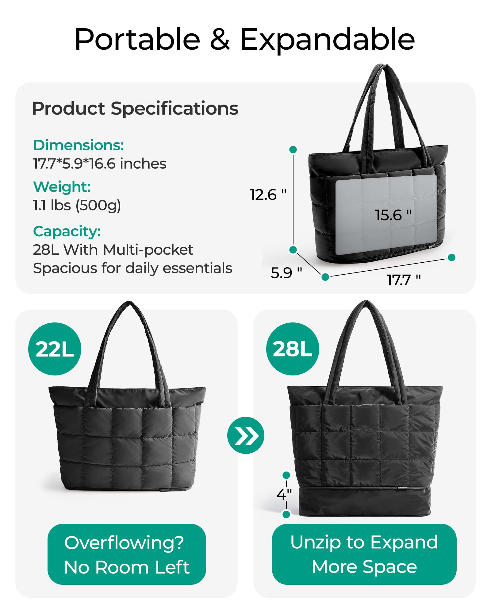 BAGSMART Expandable Tote Bag for Women, Puffer Work Tote Handbag, Quilted Carry-On Travel Gym Bag