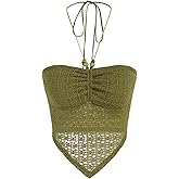 CIDER Halter Tops for Women Crochet Boho Backless Ruched Tie Back Vacation Beach Tank Crop Tops