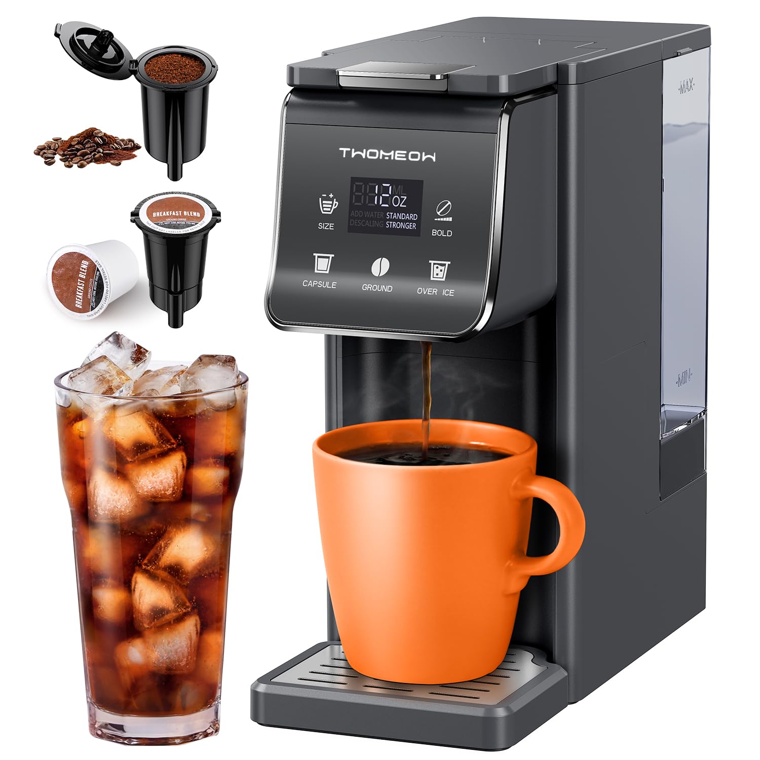 Photo 1 of TWOMEOW K Cup Coffee Maker With Bold Setting, Single Serve Hot & Iced Coffee Maker for K-Cup and Grounds, 52oz Removable Water Tank, 6 to14oz Brew Sizes, Pod Coffee Machine With Reusable Filter, Gray