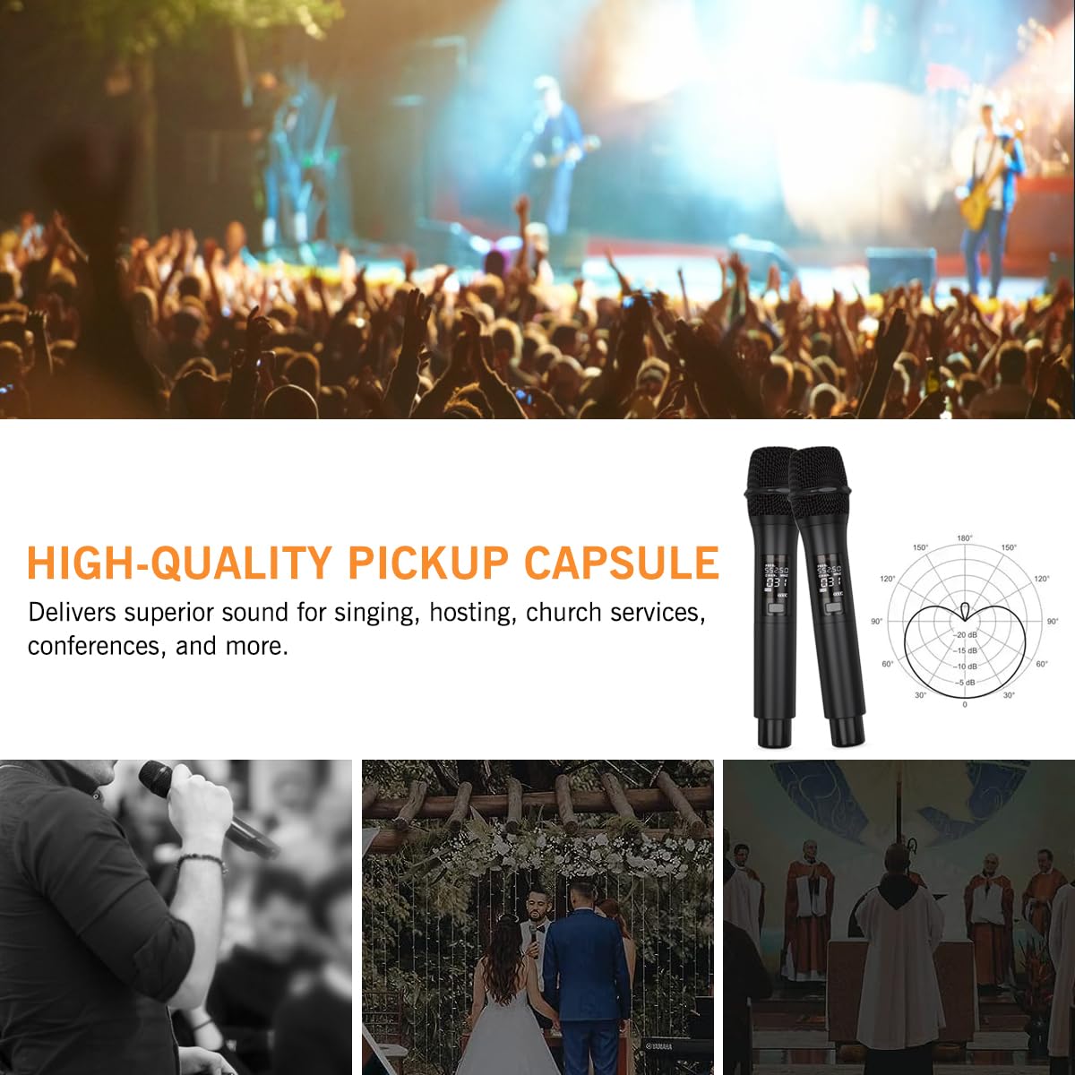 Hiberr UHF Wireless Microphone – 2channel Handheld Mic, Auto Scan, 300FT Range, PA Amplifier, Signal Shielding, 8-10H Battery – Ideal for Singers, DJs, Churches & Events (YU-E20).