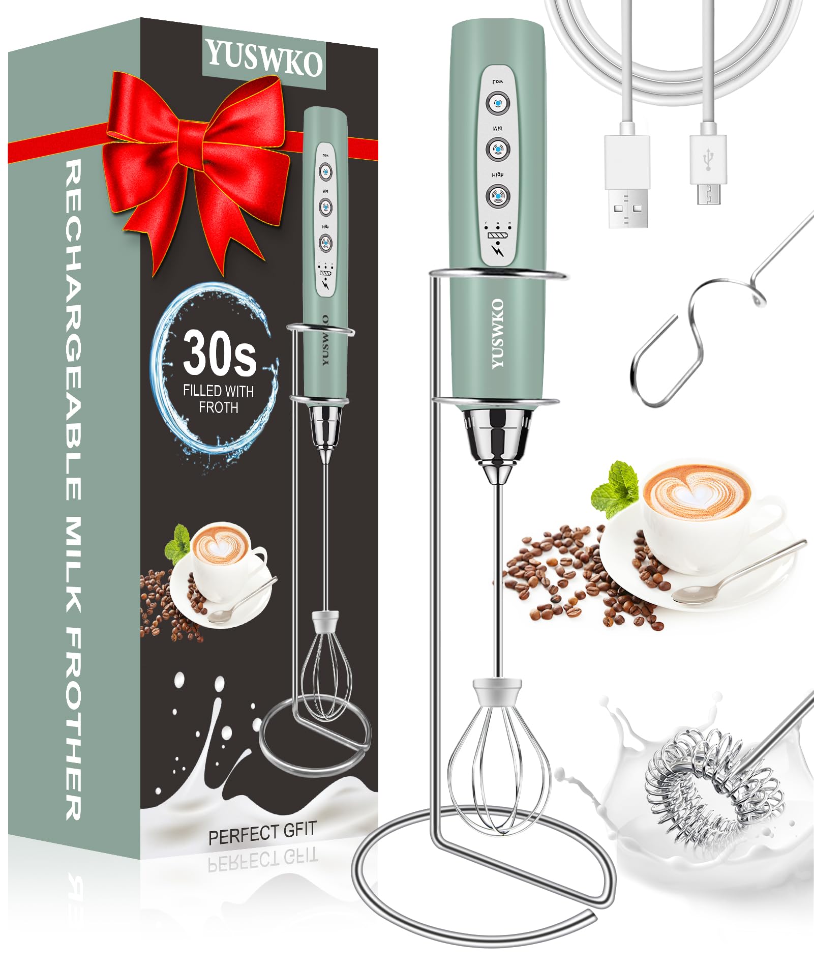 Photo 1 of (missing cable) YUSWKO Milk Frother Handheld for Coffee with Stand, Rechargeable Drink Mixer with 3 Heads 3 Speeds Electric Coffee Frother Whisk