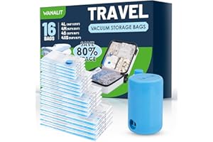 WANALIT Vacuum Storage Bags for Travel, 16 Pack (4L+4M+4S+4XS) Vacuum Seal Bags with Wireless Rechargeable Electric Pump, Travel Essentials Space Saving Bag for Clothes, Luggage, Carry-on Suitcase, Backpack