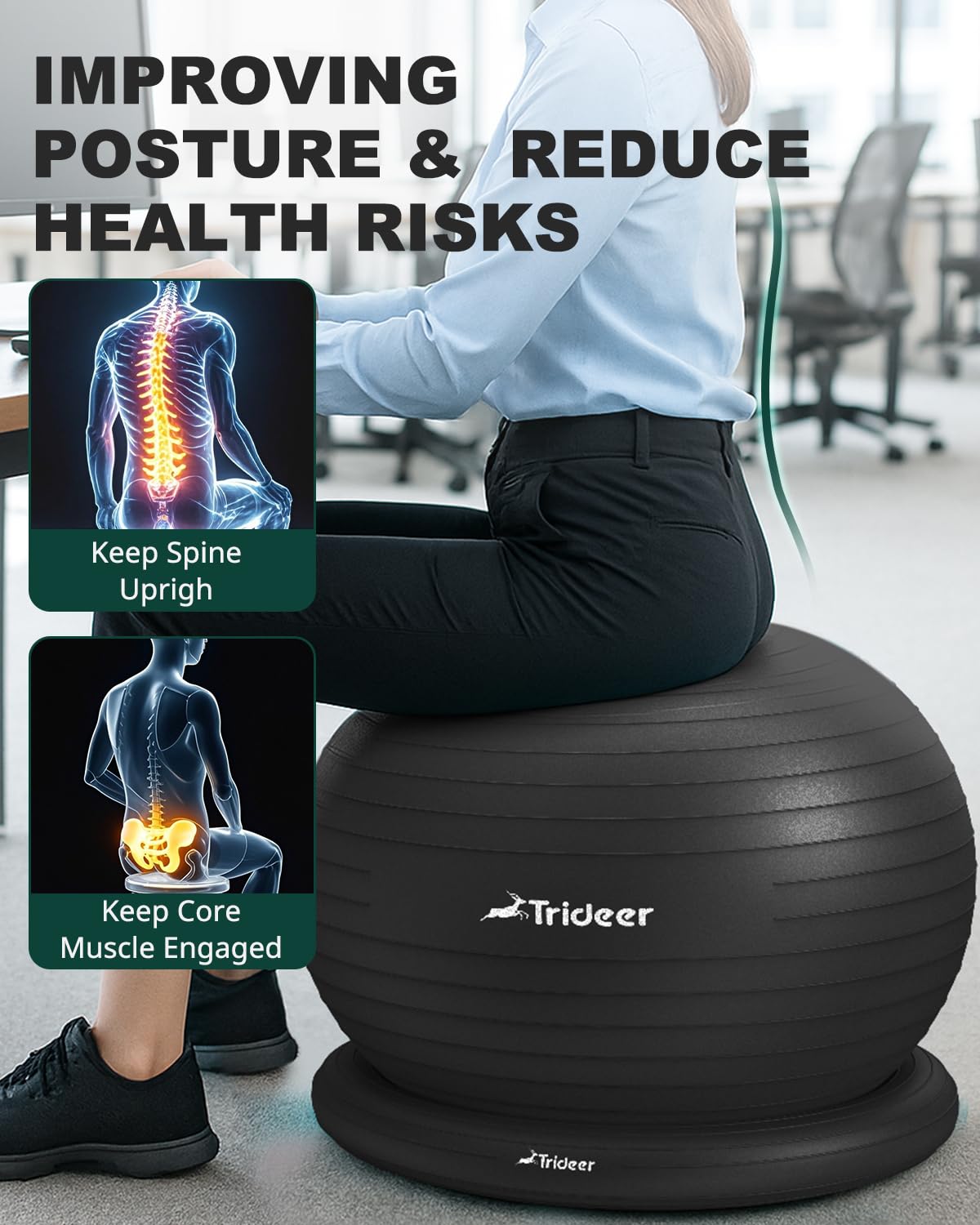 Trideer Exercise Yoga Ball Chair with Base for Home Office Desk, Stability & Fitness Ball Seat to Relieve Back Pain, Home Gym Workout for Abs, Pregnancy Ball with Pump