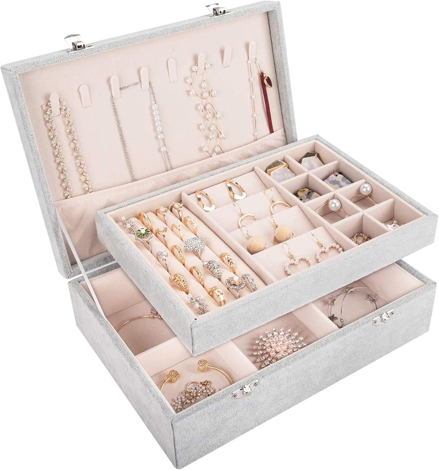 Mebbay Two Layer Velvet Jewelry Box Organizer Display Storage Case with Lock for Necklace Stud Earrings Bracelets Rings (Grey): Home Improvement