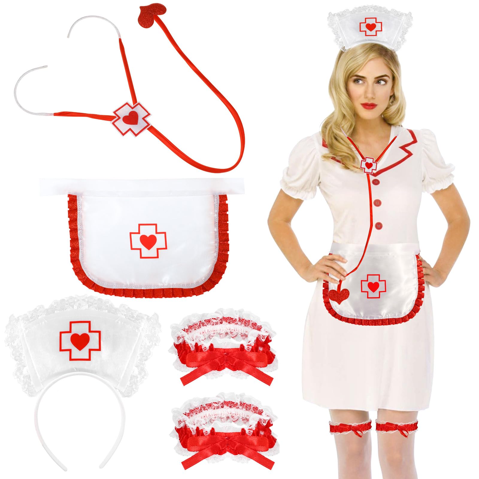 XEPST Nurse Costume Set for Women - 5PCS Accessories With Hat, Headband, Stethoscope, Apron, Lace Garters - Halloween, Cosplay, Carnival Fancy Dress Up