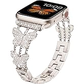 Aniaboho Compatible with Dressy Designer Bling Apple Watch Bands for Women Men 40mm 41mm 38mm, Glitter Butterfly iWatch Bands for Apple Watch Ultra 2 1 SE Series 9 8 7 6 5 4 3 Bracelet Band(Starlight)
