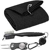 VIVIDLY Microfiber Waffle Pattern Tri-fold Golf Towel Set | Golf Club Brush| Golf Divot Tool