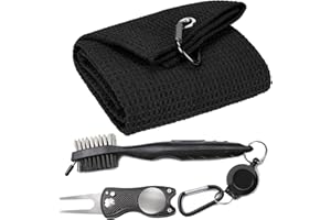 VIVIDLY Black 16" x 24" Waffle Pattern Tri-fold Golf Towel Set | Golf Club Brush | Golf Divot Tool