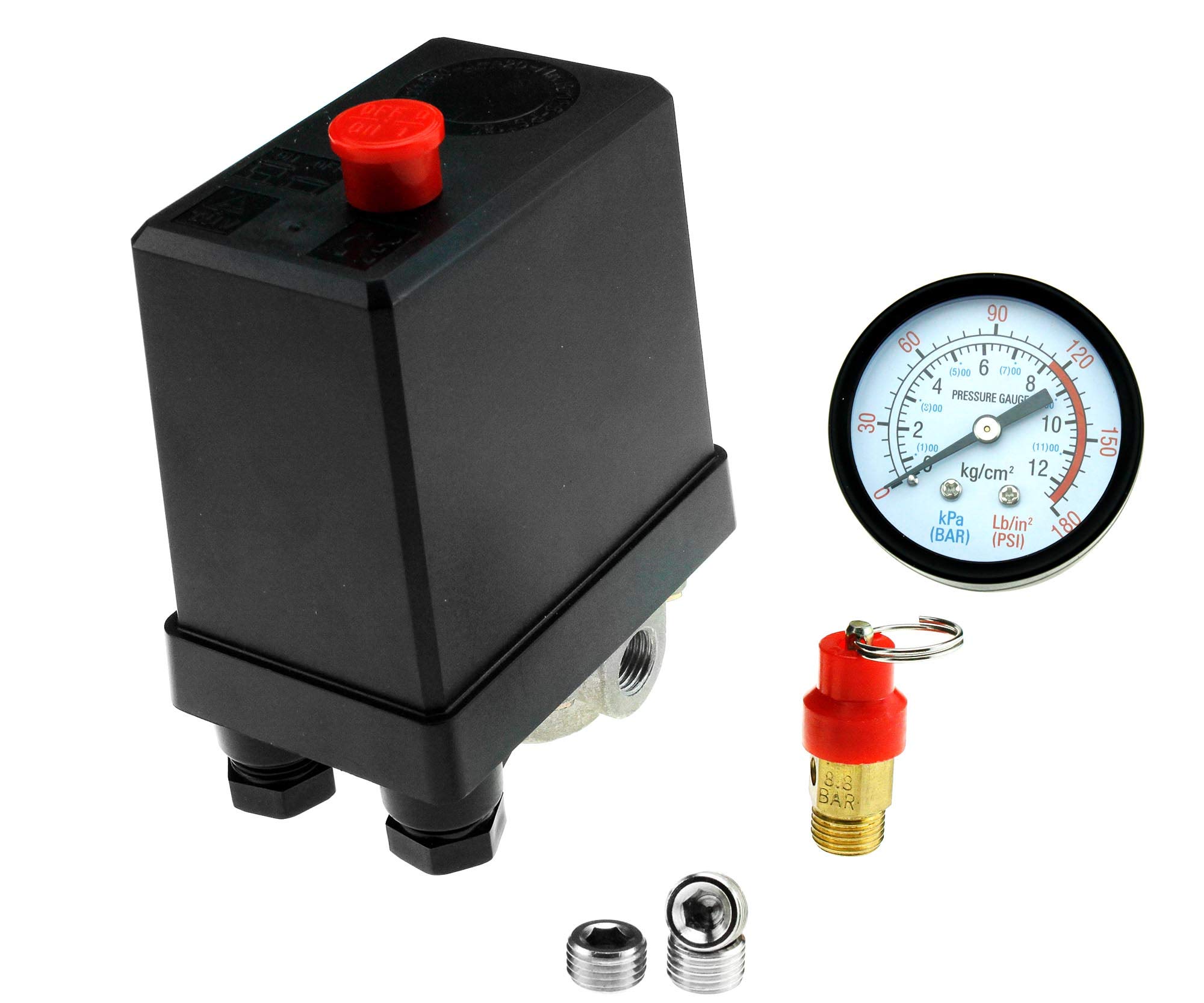 Be In Your Mind 4 Ports Air Compressor Pressure Switch 1/4" BSP Air Compressor Regulator with Blanking Plugs Safety Value Pressure Gauge Kit
