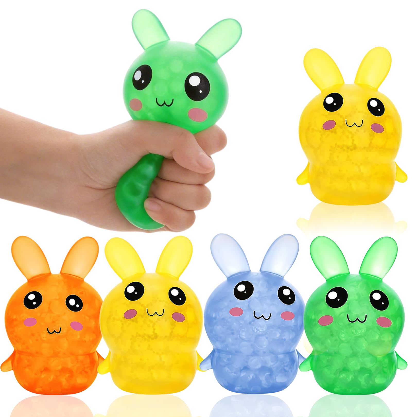 Solihigh 5 Pack Easter Bunny Stress Balls, Easter Gifts for Kids Adults, Rabbit Squeeze Toys for Stress Relief, Soft Silicone Fidget Balls (4 Colors + 1 Surprise)