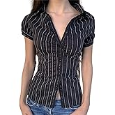 Y2k Girls Vintage Coquette Button Down Shirt Women Short Sleeve V-Neck Slim Fitted T-Shirt Cute Blouse Crop Top