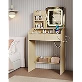 Favoduerme Small Makeup Vanity Desk for Girls with Lighted Mirror, 26.5” W Dressing Table with 2 Drawers and Power Outlet, 3 Light Modes & Adjustable Brightness, Vanity Table for Women Bedroom,Natural