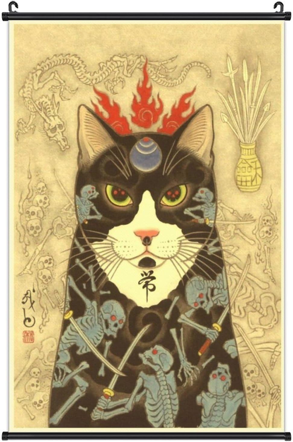 Paintings - A Wide Variety of Vintage Retro Japanese Samurai Cat Tattoo 13 Wall Scroll Hanging Decor（16x24 in）