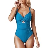 OQQ Women’s One Piece Swimsuit Tummy Control V Neck Twist Front Bathing Suit Cutout Full Coverage Slimming Swimwear