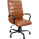 Flash Furniture Whitney High-Back Swivel LeatherSoft Desk Chair with Padded Seat and Armrests, Adjustable Height Padded LeatherSoft Office Chair, Brown/Black Gold