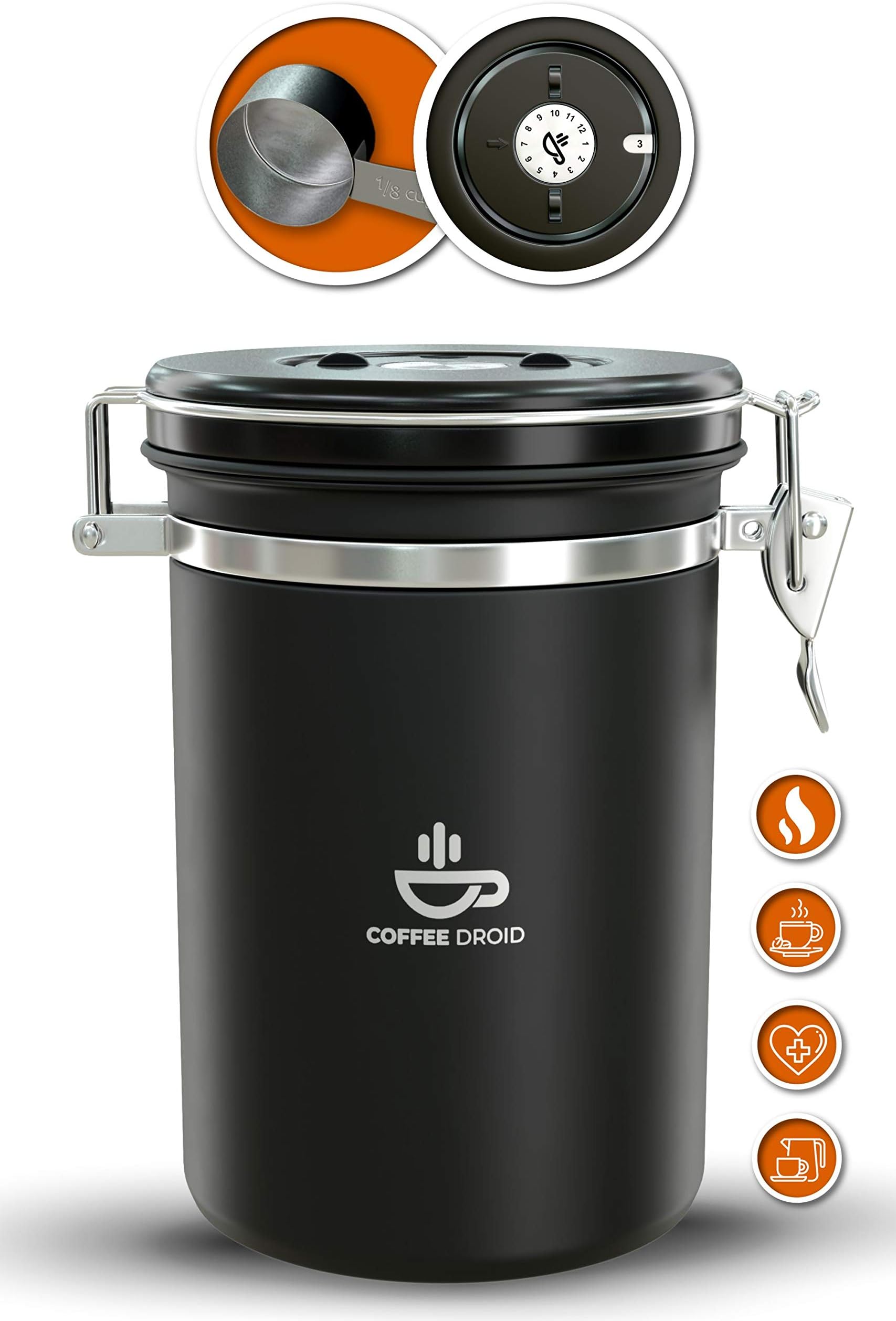 Large Coffee Canister by Coffee Droid - Superior Stainless Steel - Premium Container and Measuring Spoon - Airtight Seal And CO2 Valve Filter For Extra Freshness - Storage Date Tracking Wheel