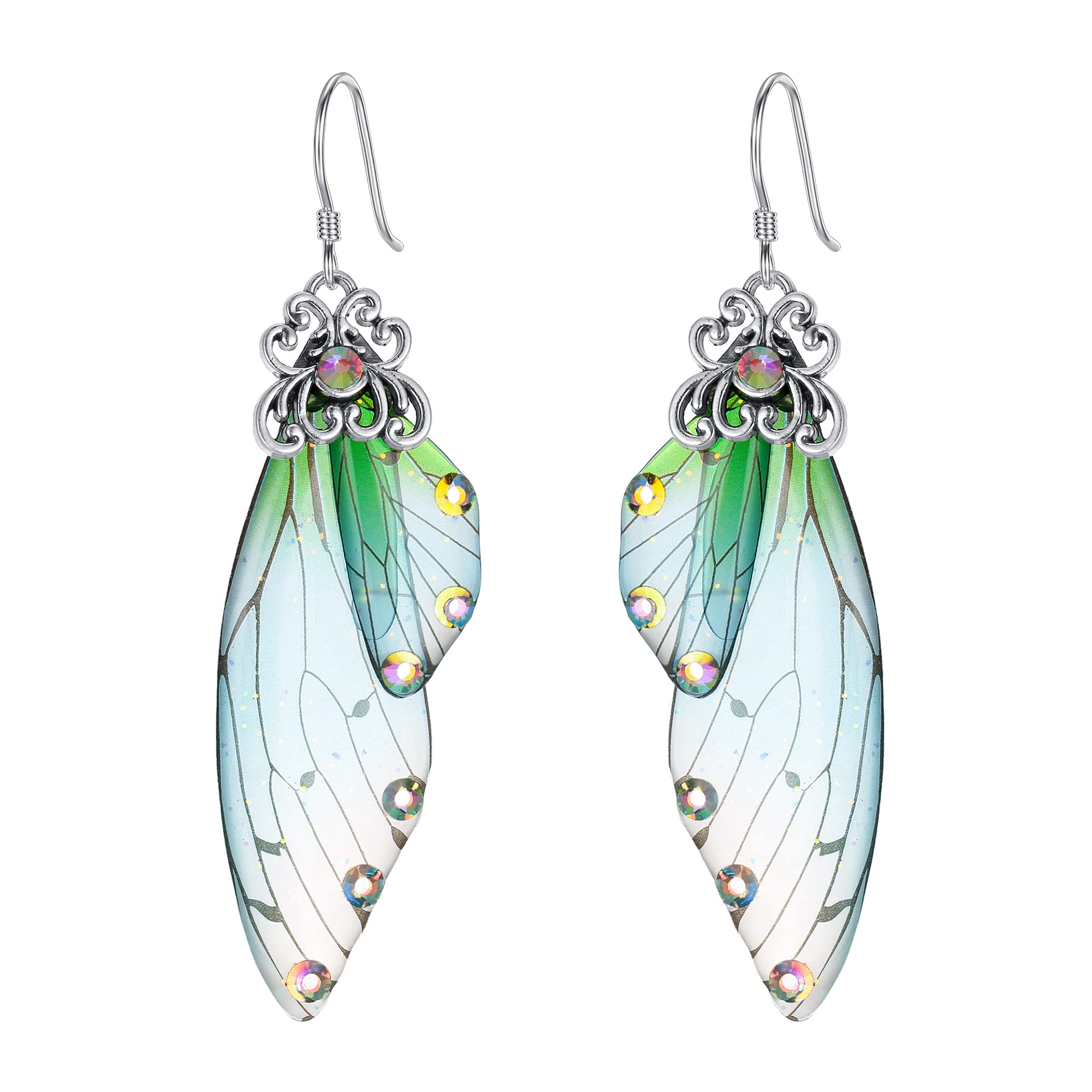 Clearine Butterfly Wing Crystal Simulation Insect Hook Drop Dangle Earrings for Women Camo Silver-Tone