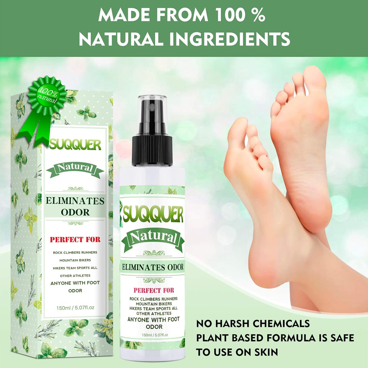 Natural Shoe Deodorizer Spray, SUQQUER 150ML Extra Strength Foot Odor Eliminator for Shoes-Witch Hazel, Peppermint, Tea Tree Essential Oils 150ML /5.07FL.OZ : Beauty