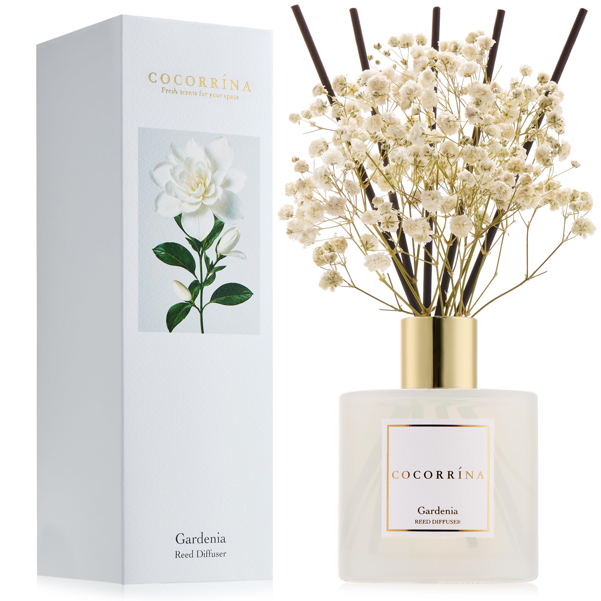 Photo 1 of COCORRÍNA Reed Diffuser - Gardenia 6.7 Fl.oz Reed Diffuser Set with Sticks & Preserved Baby's Breath, Reed Diffuser for Home Bathroom Shelf Decor
