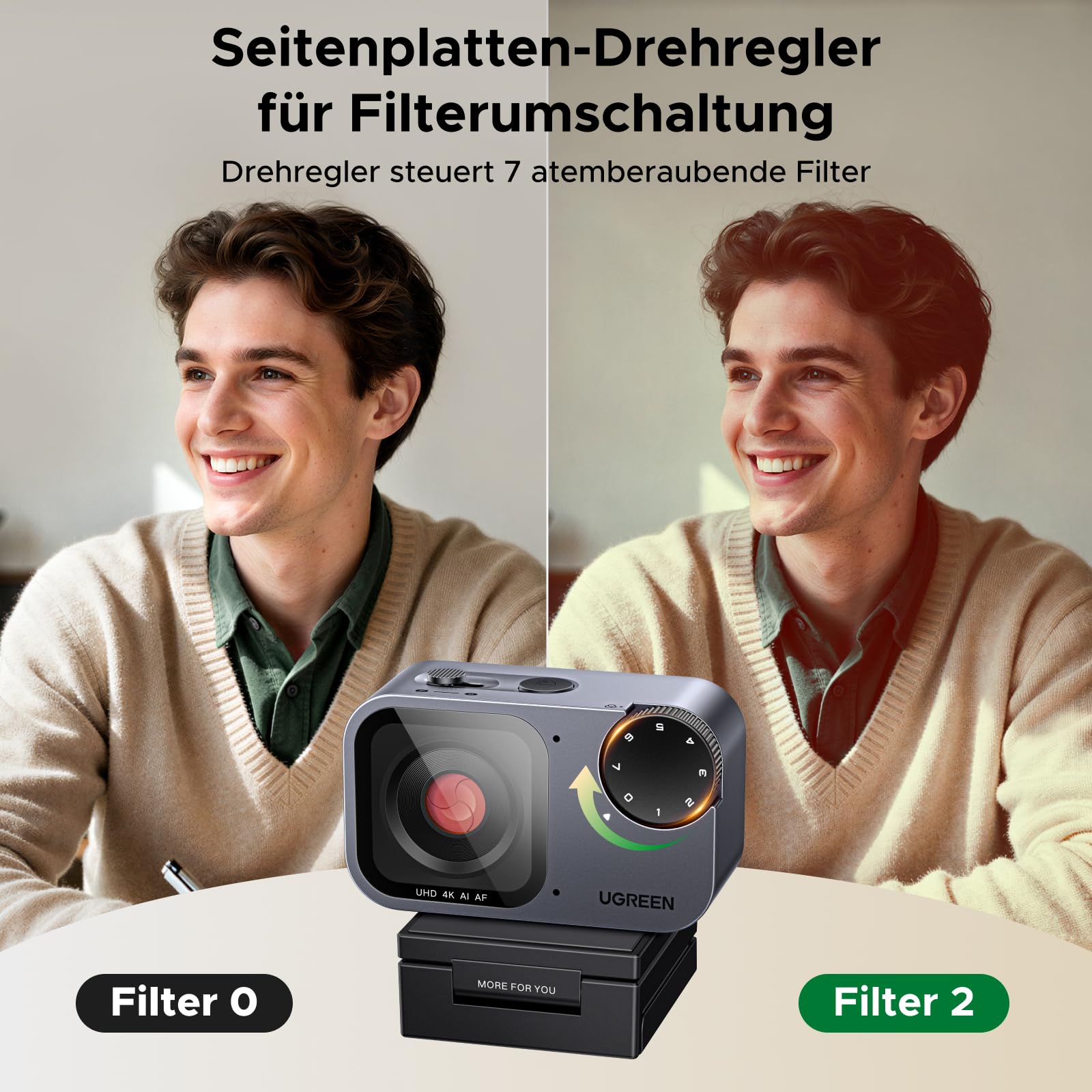 UGREEN FineCam Pro 4K Webcam mit 1/2" Sensor, AI Framing, KI-Gestensteuerung, 7 Filteroptionen, KI-Rauschunterdrückung, PDAF Autofokus, PC Kamera für Live-Streaming, Videokonferenzen, Zoom, Switch 2 7