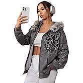 SOLY HUX Women's Zip Up Hoodie Streetwear Graphic Hoodies Y2K Jacket with Fur Collar 90s Outfits Gothic Scene Clothes