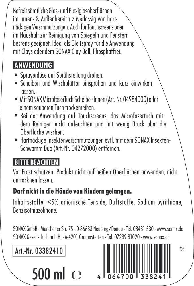 SONAX ScheibenKlar (500 ml) Scheibenreiniger zum Entfernen von Insektenverschmutzungen und Straßenschmutz von Fahrzeugscheiben und Scheinwerfern | Art-Nr. 03382410 2