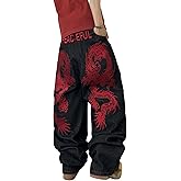 QGRSWBC Mens Baggy Jeans Embroidery Pattern Denim Trousers Wide Leg Denim Pant Loose Fit Skater Jeans Streetwear Clothing