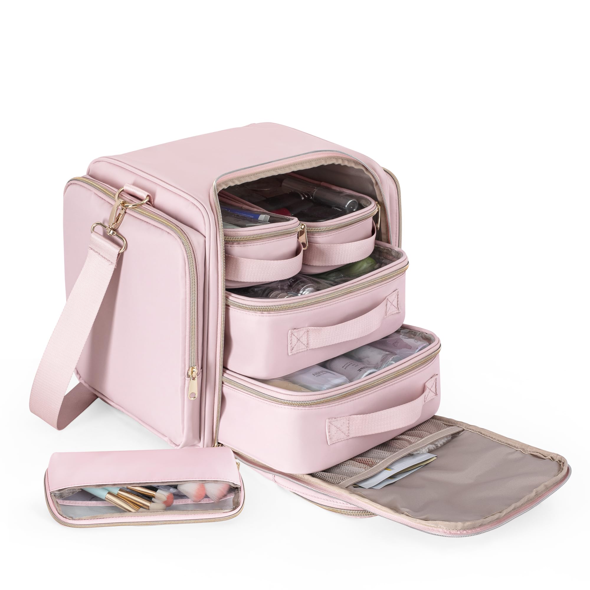 Prokva Makeup Bag Travel Bag with 5 Inner Cases, Large Cosmetic Case Organizer, Pink