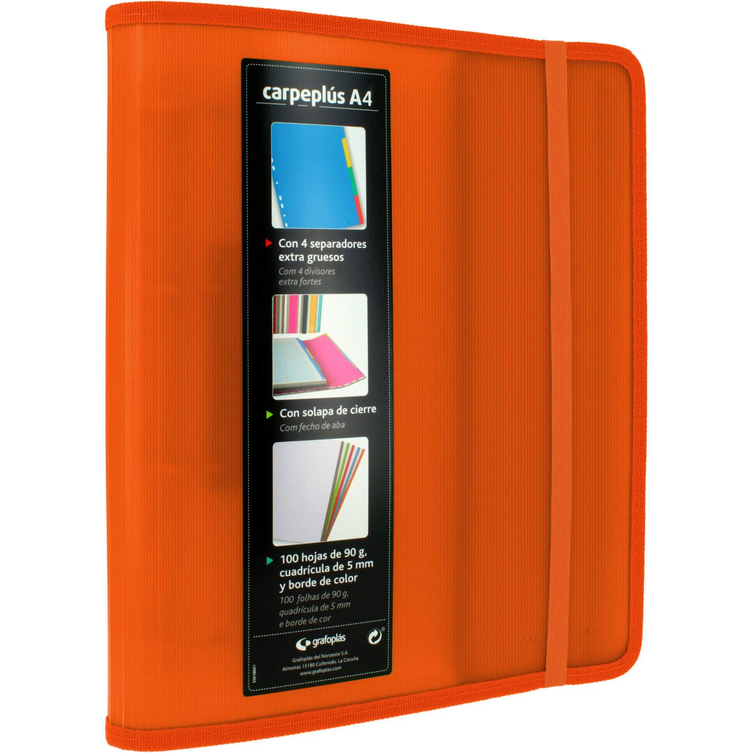 Grafoplás 88200052 Folder with 4 Rings, A4, Orange, Polypropylene, with Side Flap, Refill of 100 Sheets, Dividers and Transparent Envelope, Multiline.