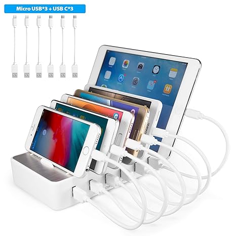 TechDot Handy USB Ladestation Ladestation Mehrere Geräte 6 Port USB Multi Ladestation für Handys Smartphones Tablets (mit 3 M