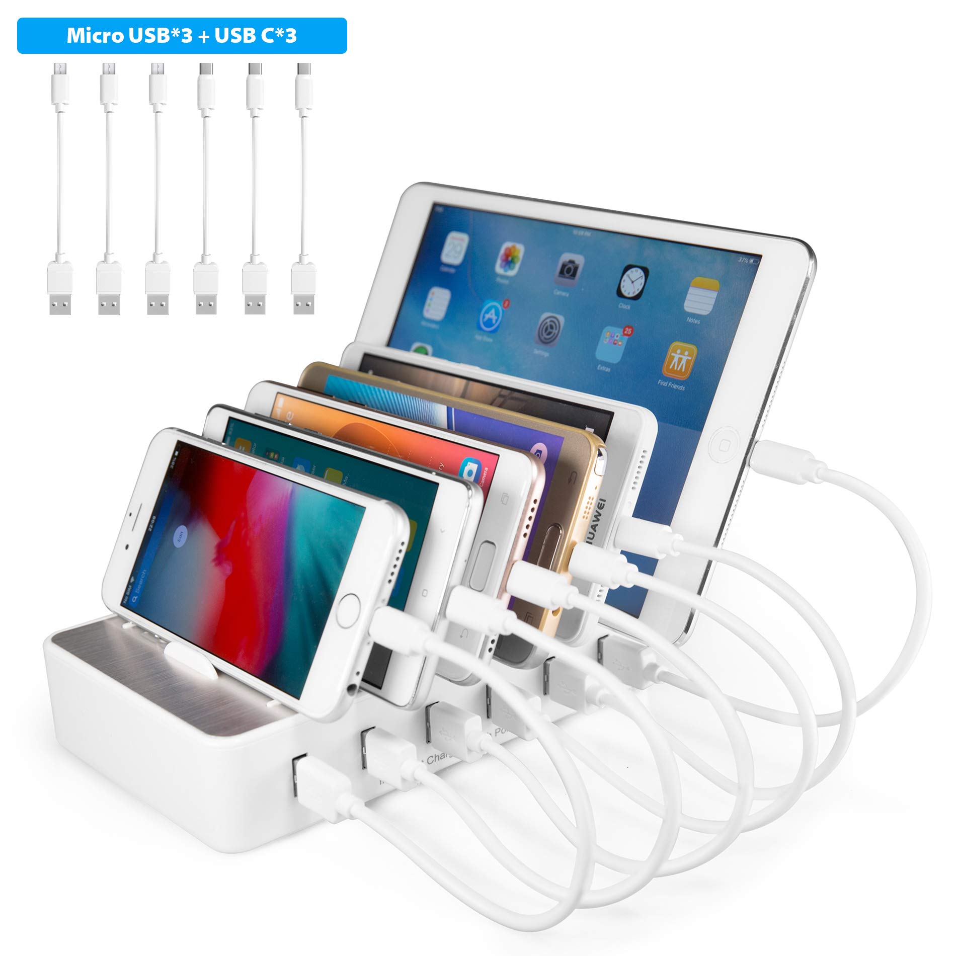 TechDot Mobile Phone USB Charging Station Multiple Devices 6 Port USB Multi Charging Station for Mobile Phones Smartphones Tablets (with 3 Micro USB Cables and 3 USB C Cables, White)