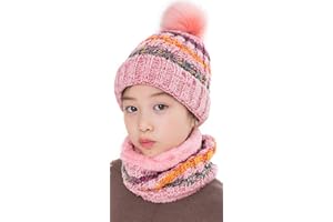 LCZTN Kids Winter Pom Beanie Hat Scarf Set for 5-14 Year Girls Warm Knitted Fleece Lining Slouchy Skull Cap