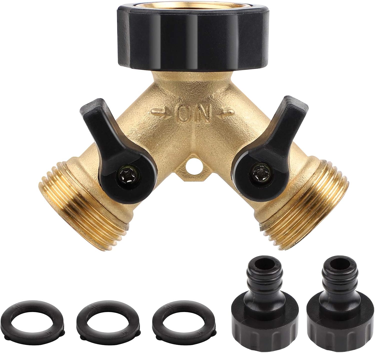 CPROSP 2 Way Brass Tap 3/4 Inch with Induvidual On/Off Valves, with 2 Connectors and 3 Rubber Washers