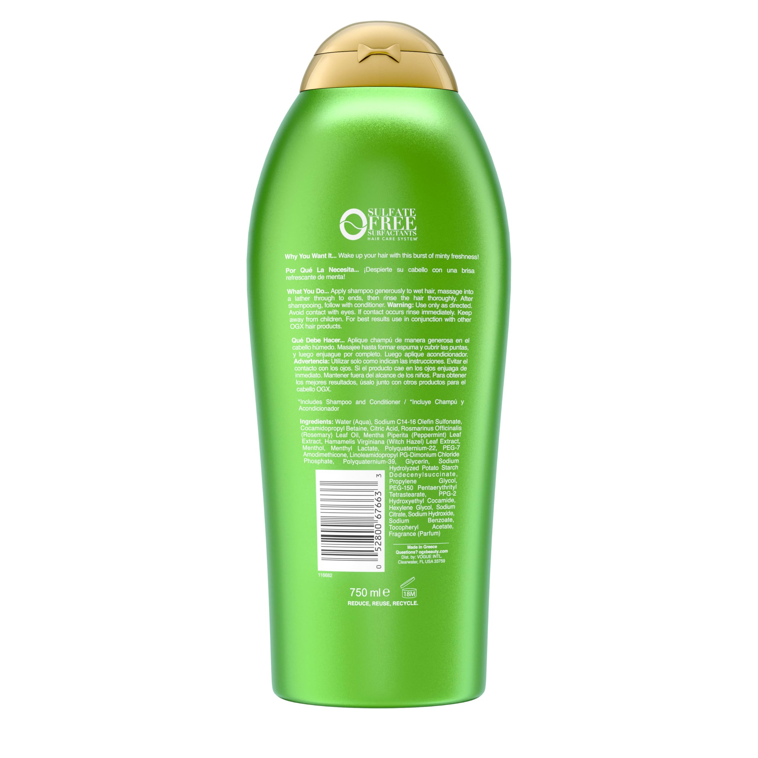 OGX Extra Strength Refreshing Scalp + Rosemary Mint Shampoo, Clarifying Shampoo for Oily Hair Helps Remove Oil & Residue to Clear Away Buildup, Sulfate-Free Surfactants, 25.4 fl. oz