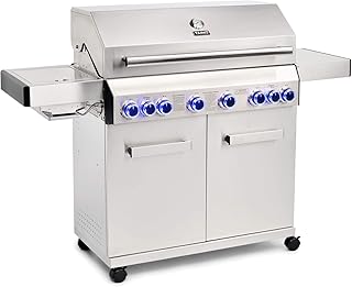 TAINO Platinum Gasgrill komplett Edelstahl Backburner Sear-Burner Power-Zone Keramik-Brenner BBQ Grillwagen Griller Gusseisen Seitenkocher Piezozündung (Platinum 6+2)