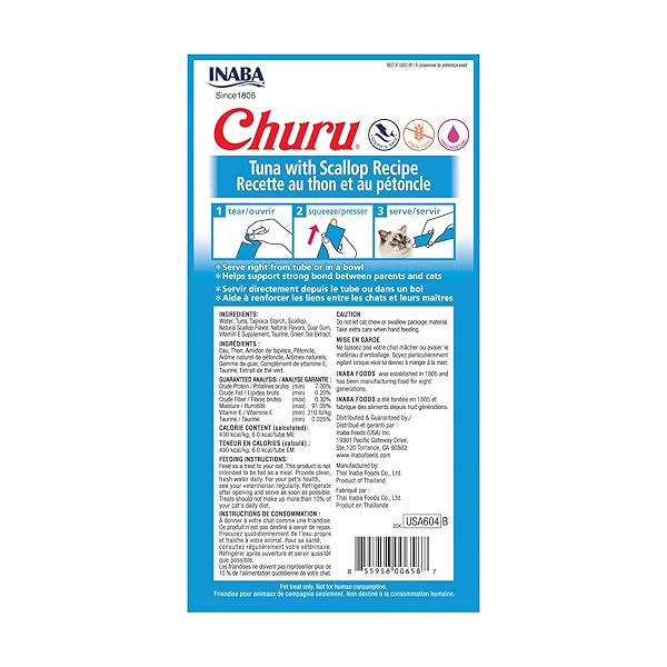 INABA CHURU CAT TREATS, LICKABLE, SQUEEZABLE CREAMY PURÉE CAT TREAT WITH GREEN TEA EXTRACT & TAURINE, 0.5 OUNCES EACH TUBE, 24 TUBES (4 PER PACK), TUNA WITH SCALLOP RECIPE