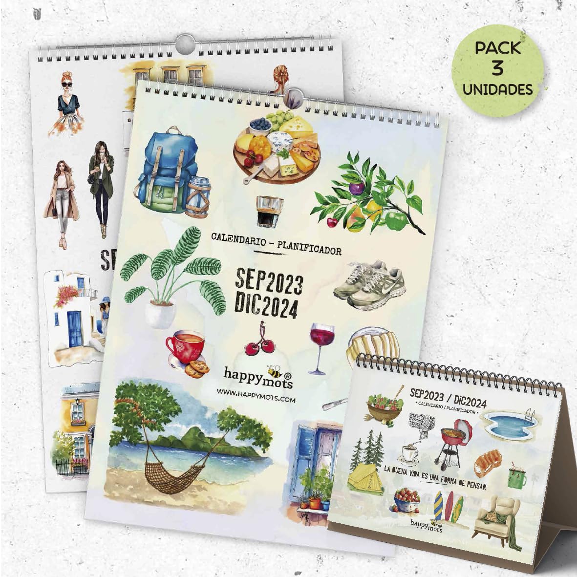 HappyMots 2 Pack Wall Calendars 2023 2024 + Tabletop Calendar 2023 2024 | 16 Months Sep. 2023 - Dec 2024 | Monthly Organizer 2024 Calendar | A3 + A5 Size | With Space to Note