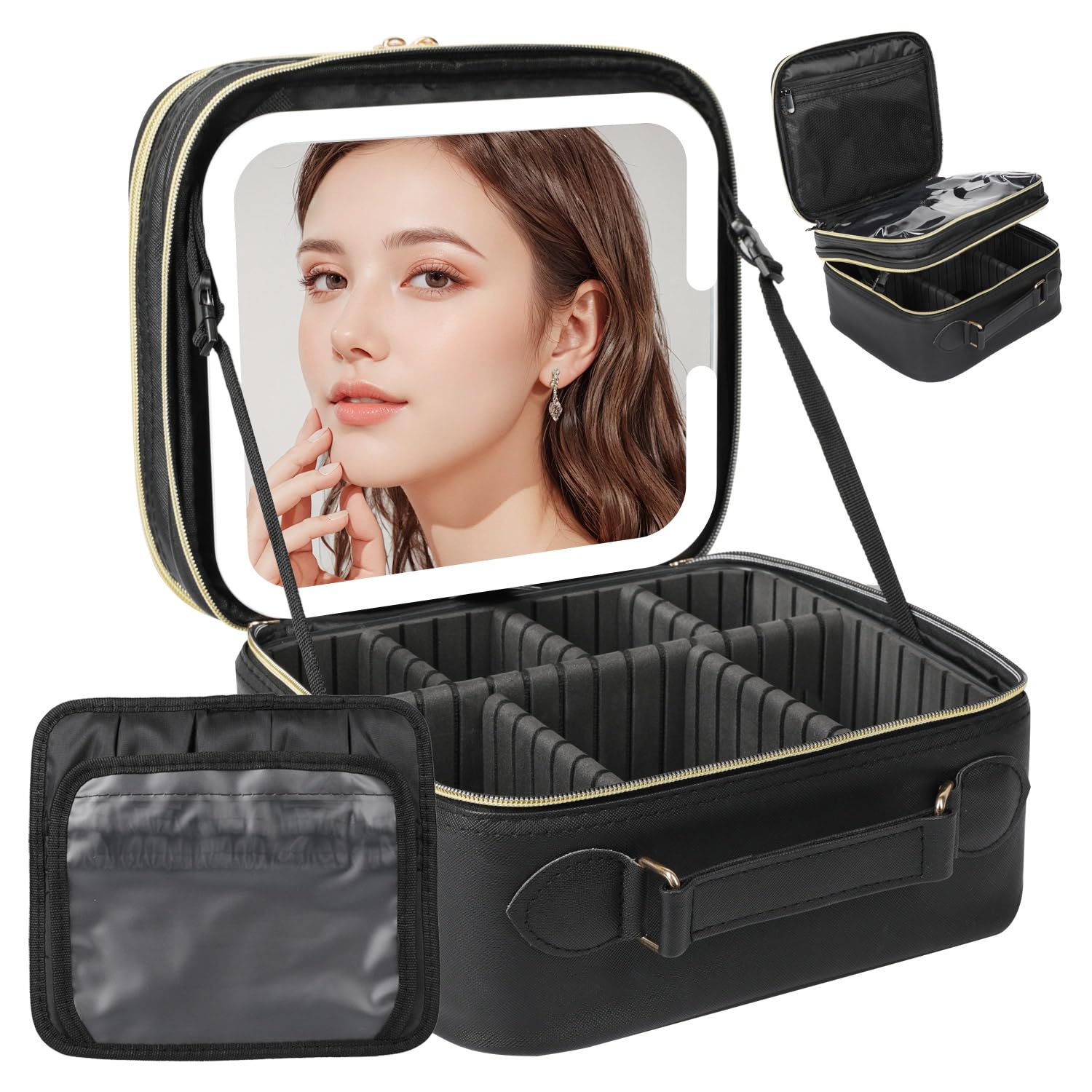 Photo 1 of Behaesty Travel Makeup Bag with LED Mirror Double Layer, Detachable Vanity Mirror with Lights, Tri-light Dimmable, Makeup Case with Adjustable Dividers and Brush Holder Cosmetic Organizer Storage Box