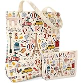 Funny Paris Travel Gifts for Women, 2PCS Cosmetic Bag Makeup Bags Canvas Tote Bag Beach Bags with Pocket,France Paris Lovers Gift Birthday Appreciation Christmas Friendship Gifts for Girls Travelers